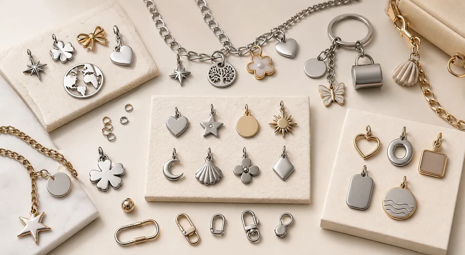 Stainless steel charm program planning board with charms, chains, key rings, clasps, and packaging cards