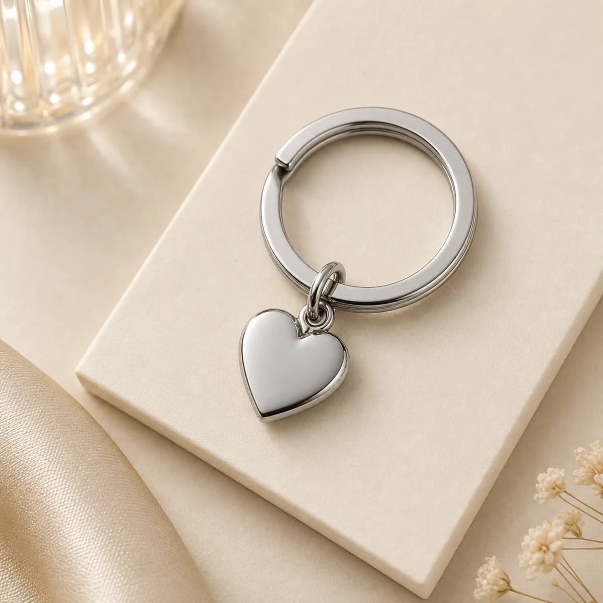 Stainless steel charm connected to a key ring accessory
