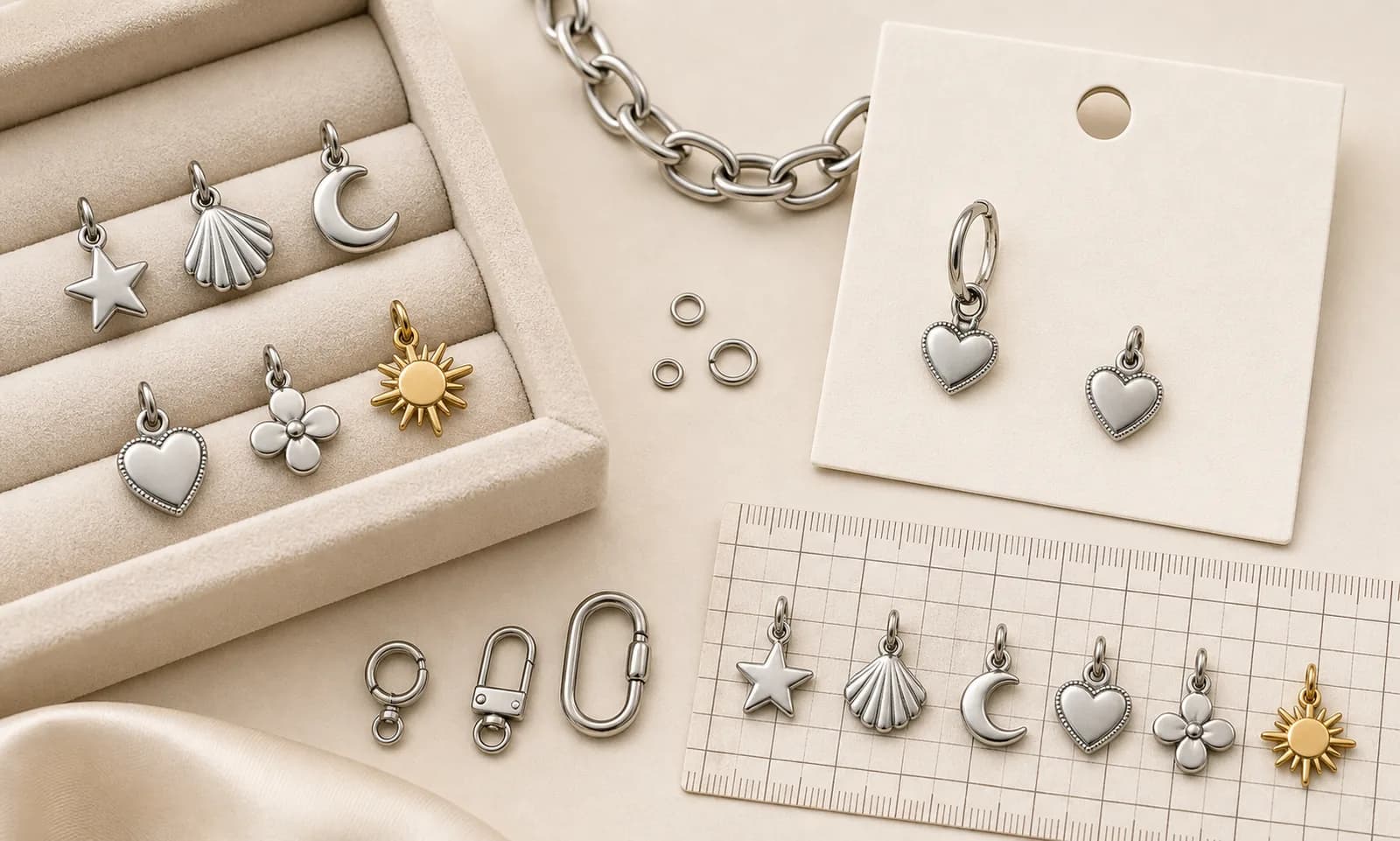 Small stainless steel charms shown with jump rings, chain links, display tray, and packaging card for size reference