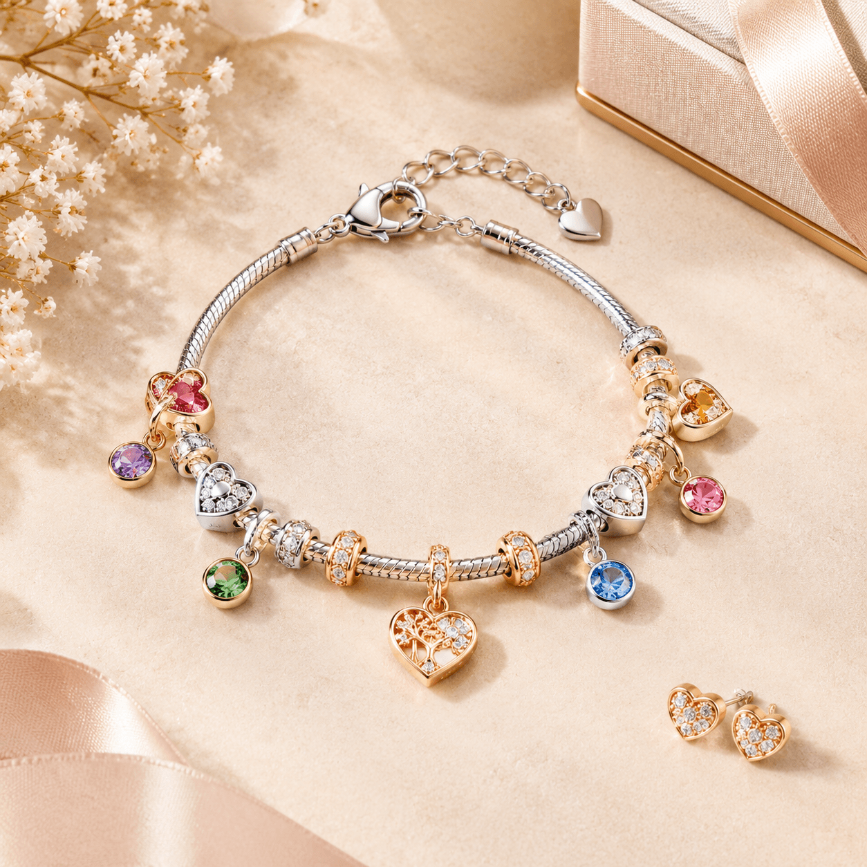 Guide des cadeaux 2026: Bracelet charm avec pierre de naissance pour maman