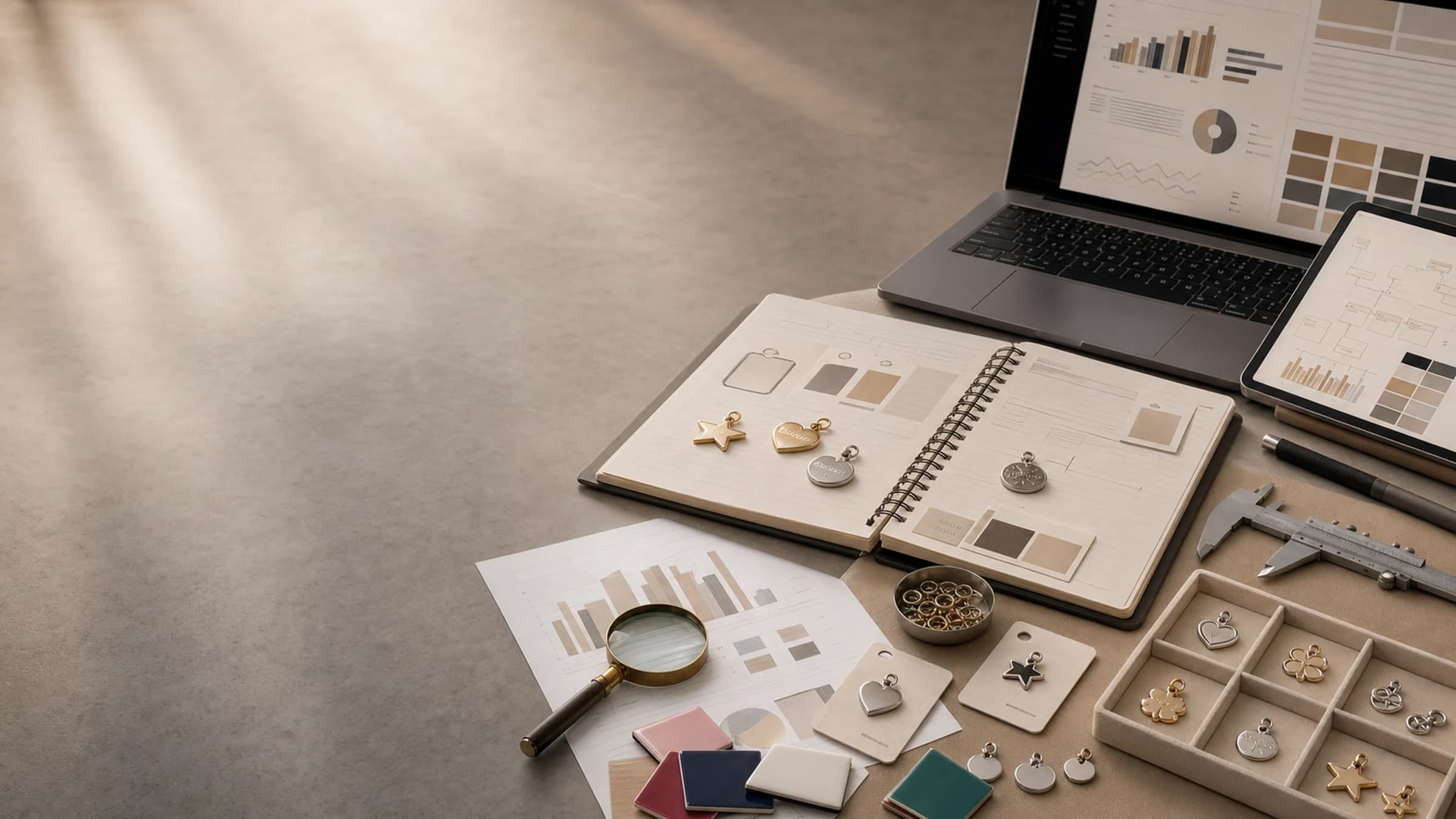 Jewelry workspace and charm sourcing