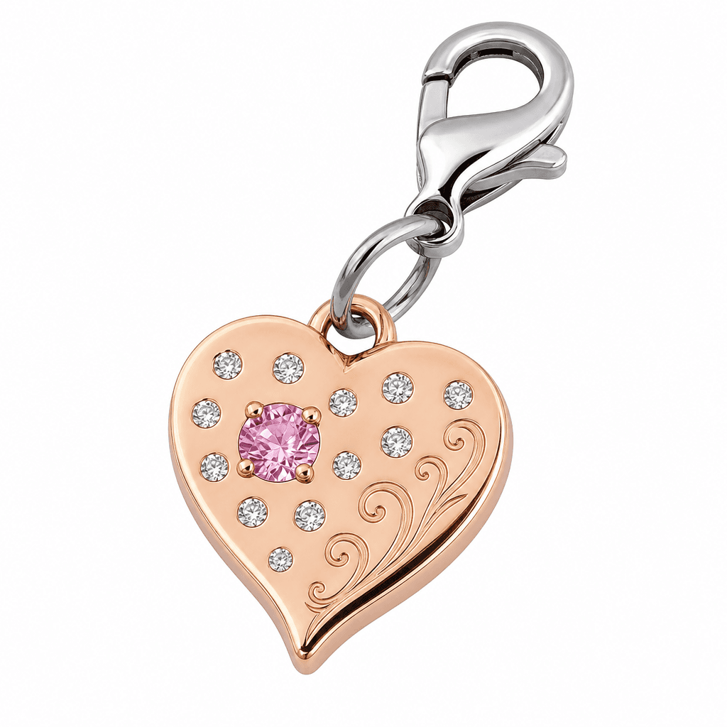 Rosegold Filigree Heart 316L Stainless Steel Charm with Moonstone Flash