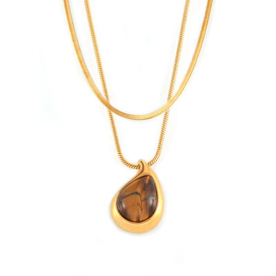 Double Layered Tiger Eye Stone Pendant Necklace
