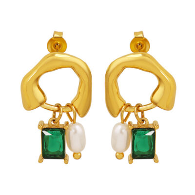 Green Stone Pearl Pendant Earrings