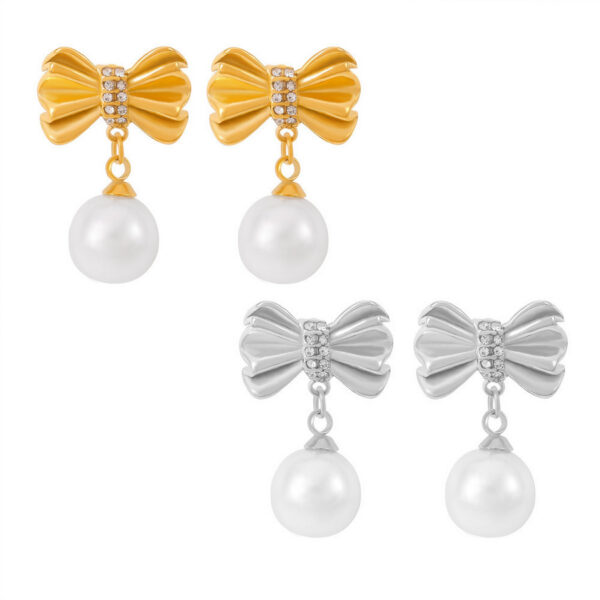 Bow Pearl Pendant Stud Earrings
