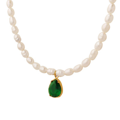 Green Zircon Teardrop Pendant Pearl Necklace
